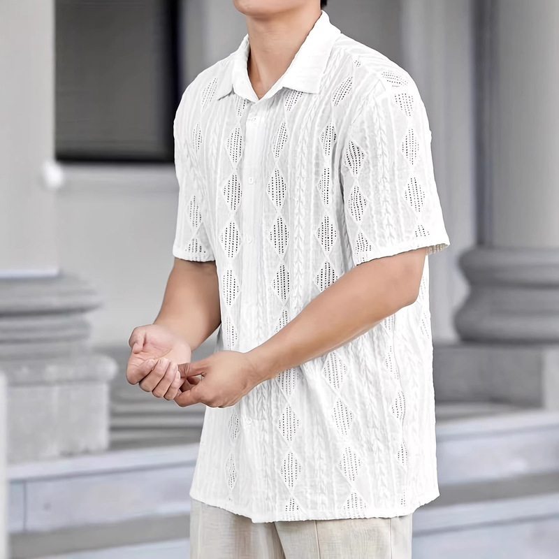 In-Stock European and American Fashion New Men's Lace Short-Sleeve Shirt, See-Through Casual Hollow-Out Top In-Stock European and American Fashion New Men's Lace Short-Sleeve Shirt, See-Through Casual Hollow-Out Top