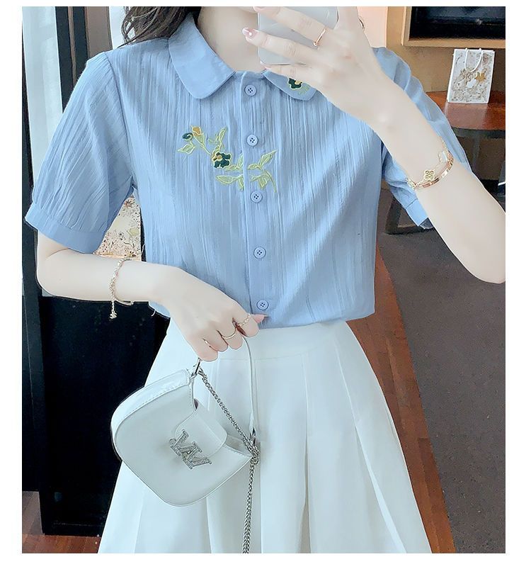 夏装2024年新款时尚纯棉衬衣女洋气全棉短袖气质女士衬衫刺绣上衣详情22