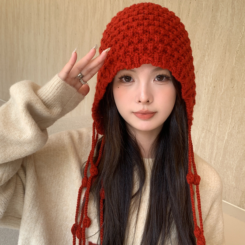 秋冬保暖毛线帽手工编织镂空包头帽女民族风流苏护耳套头针织帽子|undefined