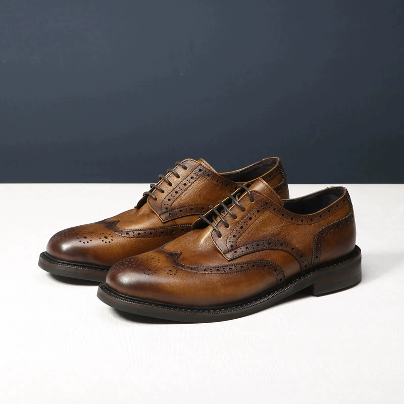 Мужские резные кожаные туфли ручной работы, туфли дерби из натуральной кожи на мягкой подошве, повседневные кожаные туфли, туфли ручной работы с круглым носком.