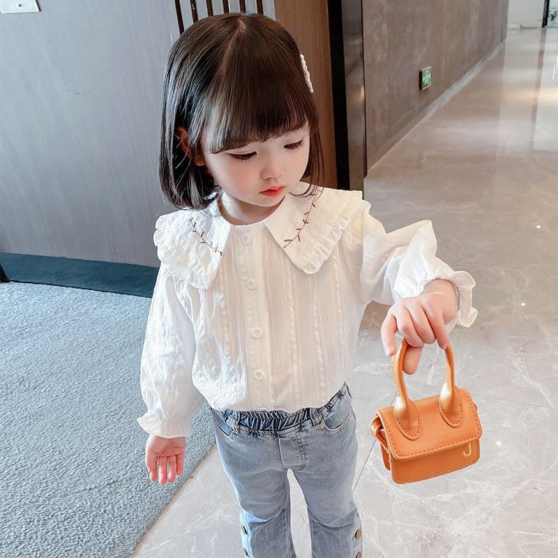 Camisa de Otoño de las niñas camisa de tocar fondo para niños camisa blanca collar de muñeca dulce superior de moda estilo occidental ropa de bebé