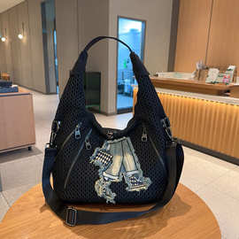 女士时尚单肩包网布包贴布拼接手提斜挎包大容量个性复古通勤包潮