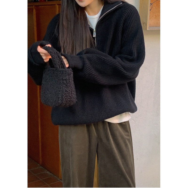 Suéter de collar de cremallera de viento perezoso de mujeres otoño invierno suelto polo cuello de manga larga camisa de punto chaqueta exterior
