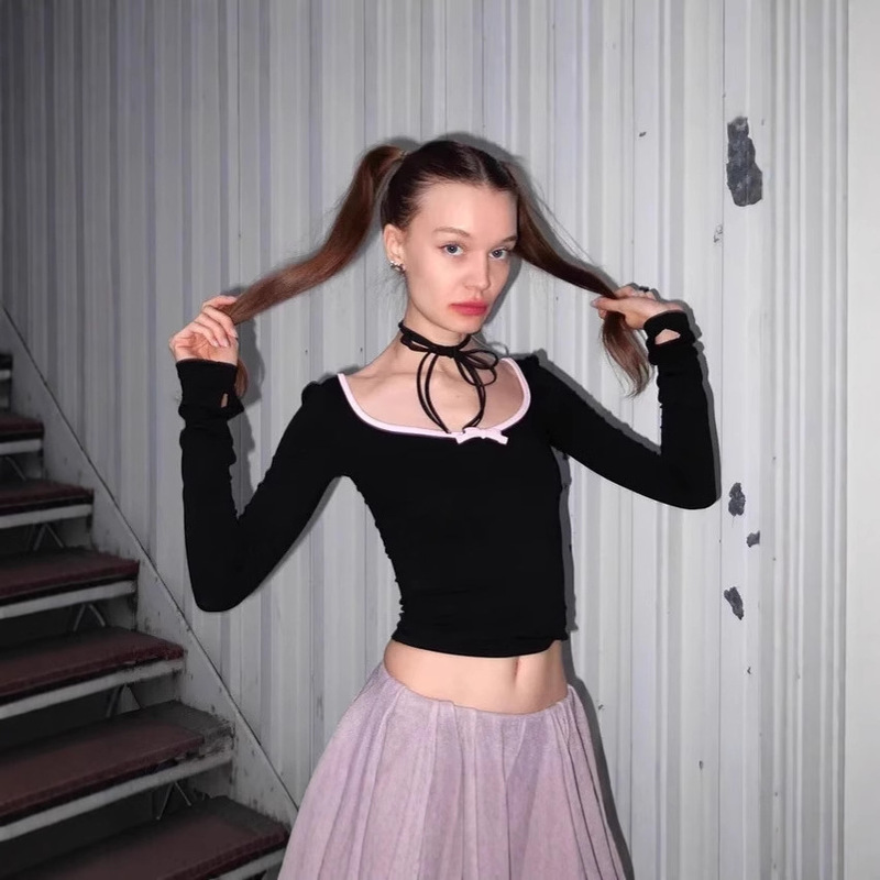 Pure Desire Style Round Neck Bowknot Design Ruched Waist Long Sleeve T-Shirt Slim Fit Crop Top for Women Pure Desire Style Round Neck Bowknot Design Ruched Waist Long Sleeve T-Shirt Slim Fit Crop Top for Women