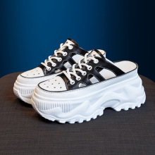 软皮包头半拖鞋女2023年夏季新款懒人外穿凉拖鞋厚底镂空小白女鞋