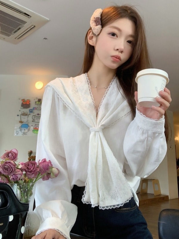 法式气质白色衬衫女装秋季新款设计感复古蕾丝花边海军领长袖衬衣|undefined