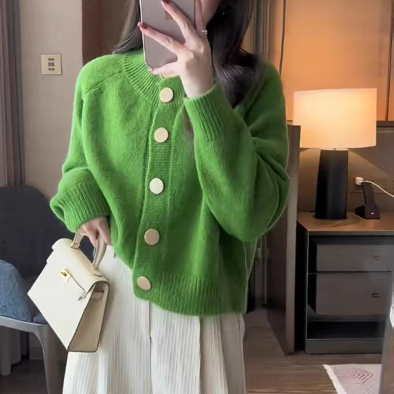 24 invierno Puyuan primavera y otoño nuevo color sólido dulce viento de punto Cardigan chaqueta de cuello redondo inserción