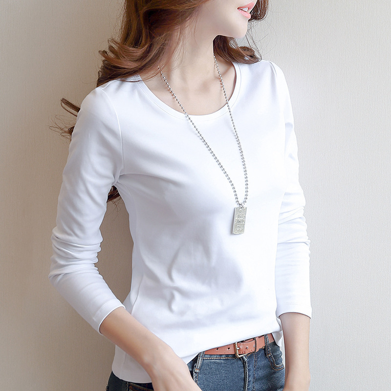 Autumn Winter White Crewneck Long-sleeved T-shirt Women's Base Shirt Slim-fit Solid Color T-shirt Korean New Top
