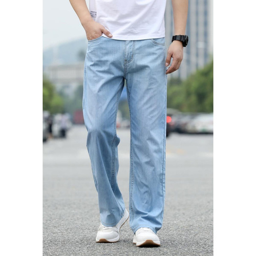 Spring and summer loose large straight leg jeans men's plus fat and extra large size wide-leg pants mid-youth light blue wide-leg jeans