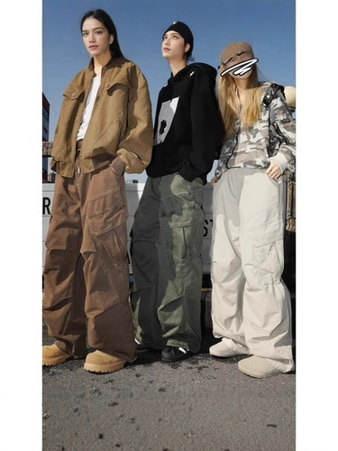 Japanese-style pleated parachute work pants for men, spring and autumn new arrival with large pockets, trendy vintage high street loose casual long pants