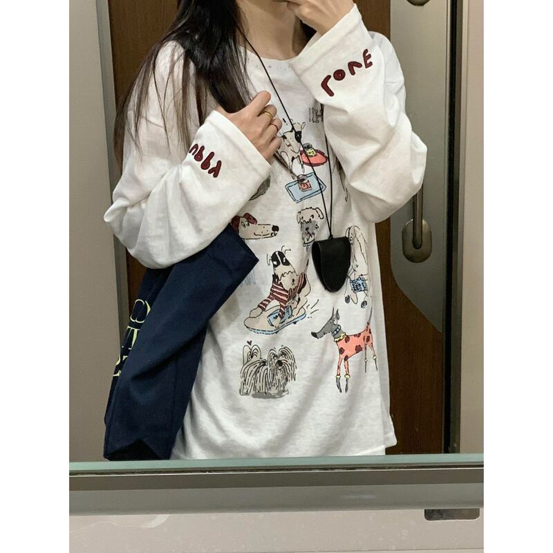 American Graffiti Animal Print Blouse Slightly See-Through Long-Sleeved T-Shirt for Women 2025 Summer Lazy Style Letter Sun Protection Top