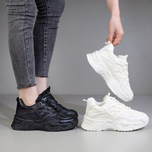 Rubber Thick-Soled Sneakers, Mesh Lace-Up, Microfiber Round Toe, Medium Heel, Large Quantity + V
