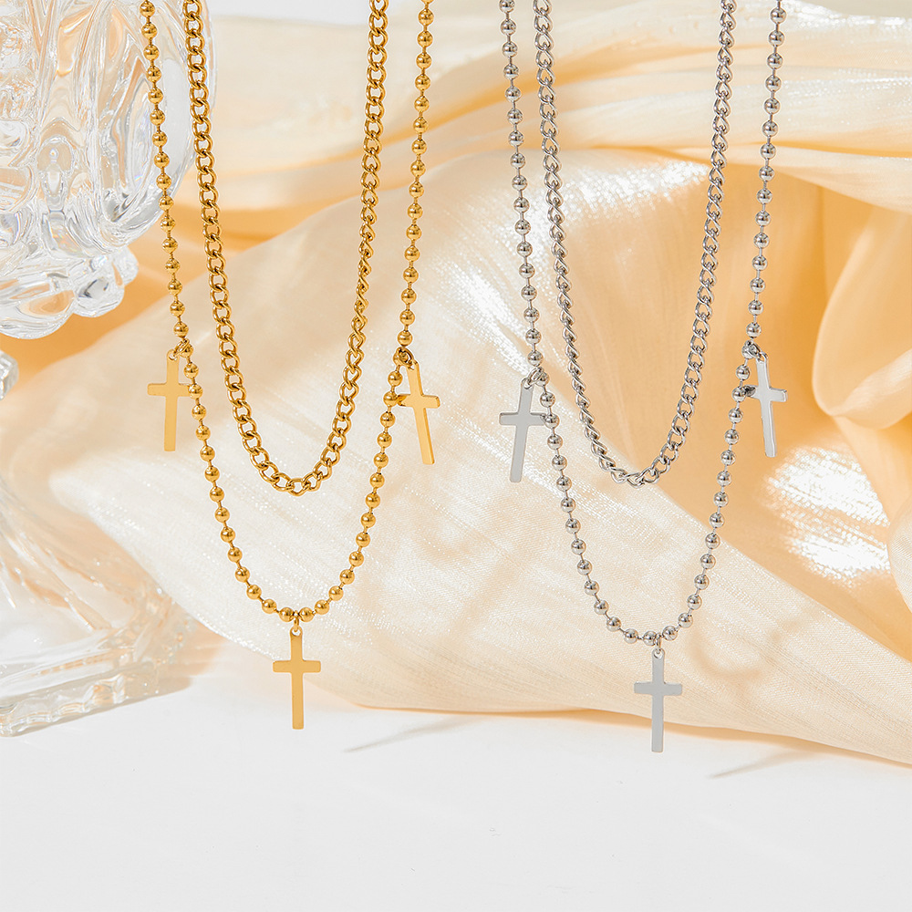 Fashion Cross Stainless Steel Titanium Steel Layered Plating Bracelets Necklace