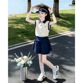 女童夏装短裤POLO衫两件套2026新款中大童洋气拼色T恤裤子套装潮