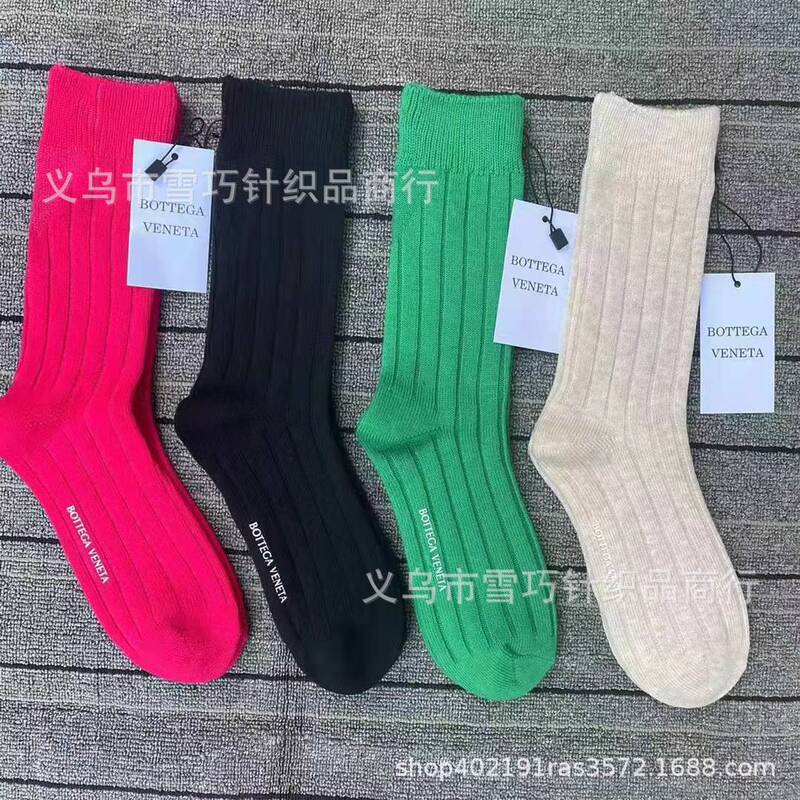 BV gram Rhineland double needle thick stripe thread solid color mid-calf women's socks wool Meiru thickened warm socks pile socks