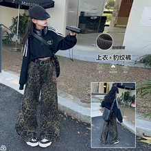 女童秋冬加绒豹纹牛仔裤子立领短款卫衣大儿童炸街酷飒美式潮套装