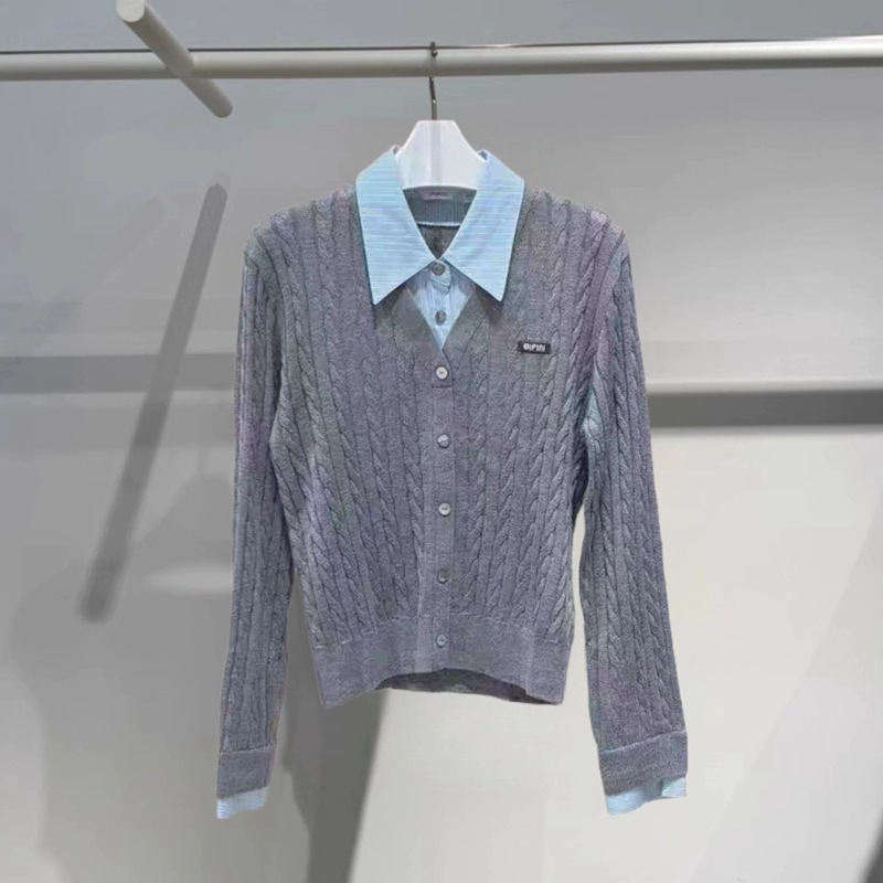 2025 New Autum Work Clothing Versatile Fashion Fake Two-Piece Shirt Collar Knitted Cardigan for Women 1G8333705G