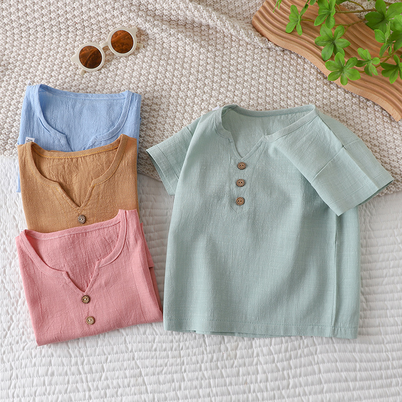 工厂直供2024夏T恤砂洗棉男童短袖透气女童上衣一件代发