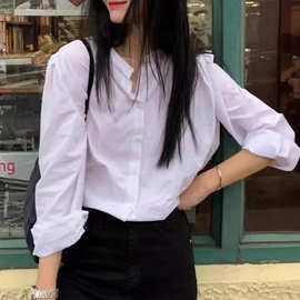 韩版圆领白色衬衫女长袖2024秋款衬衣复古设计感小众泡泡ins休闲