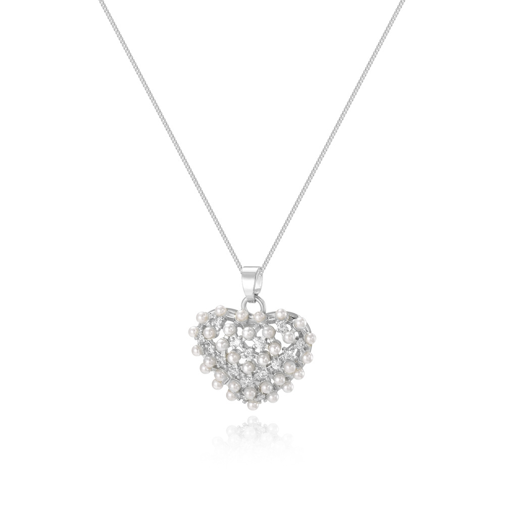 Copper Material Wholesale Jewelry Elegant Heart Shape Copper Artificial Pearls Zircon Pendant Necklace Box Chain