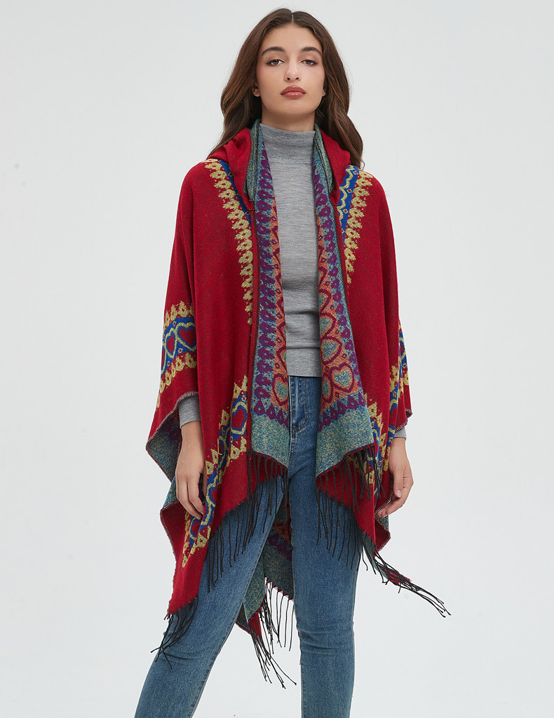 Mantello invernale unisex con scialle primaverile e autunnale Stile etnico Mantello con cappuccio con frange rosse Love_voghion.com
