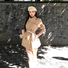 RHGD实拍！英伦风双排扣围脖领收腰中长款风衣外套女短款小个子