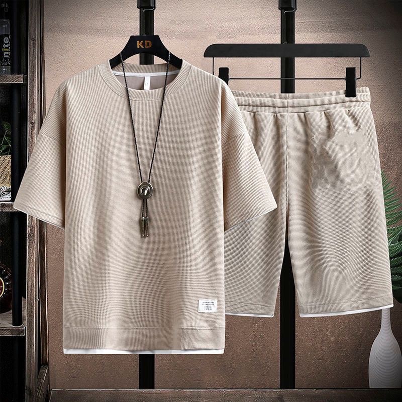 Waffle camiseta hombre de manga corta seda de hielo de verano guapo ropa deportiva casual pantalones de ropa deportiva hombre