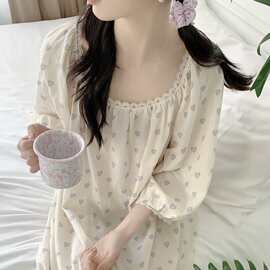 2026早春新品甜美公主风睡衣爱心印花宽松休闲家居服七分袖睡裙女