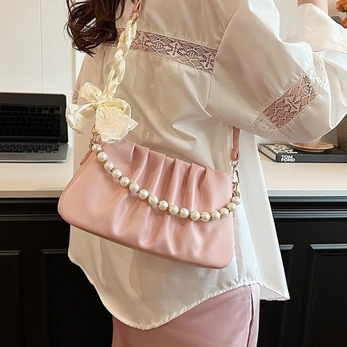 Light luxury ribbon armpit handbag 2024 new Korean style niche pleated shoulder bag for women fresh temperament beaded bag