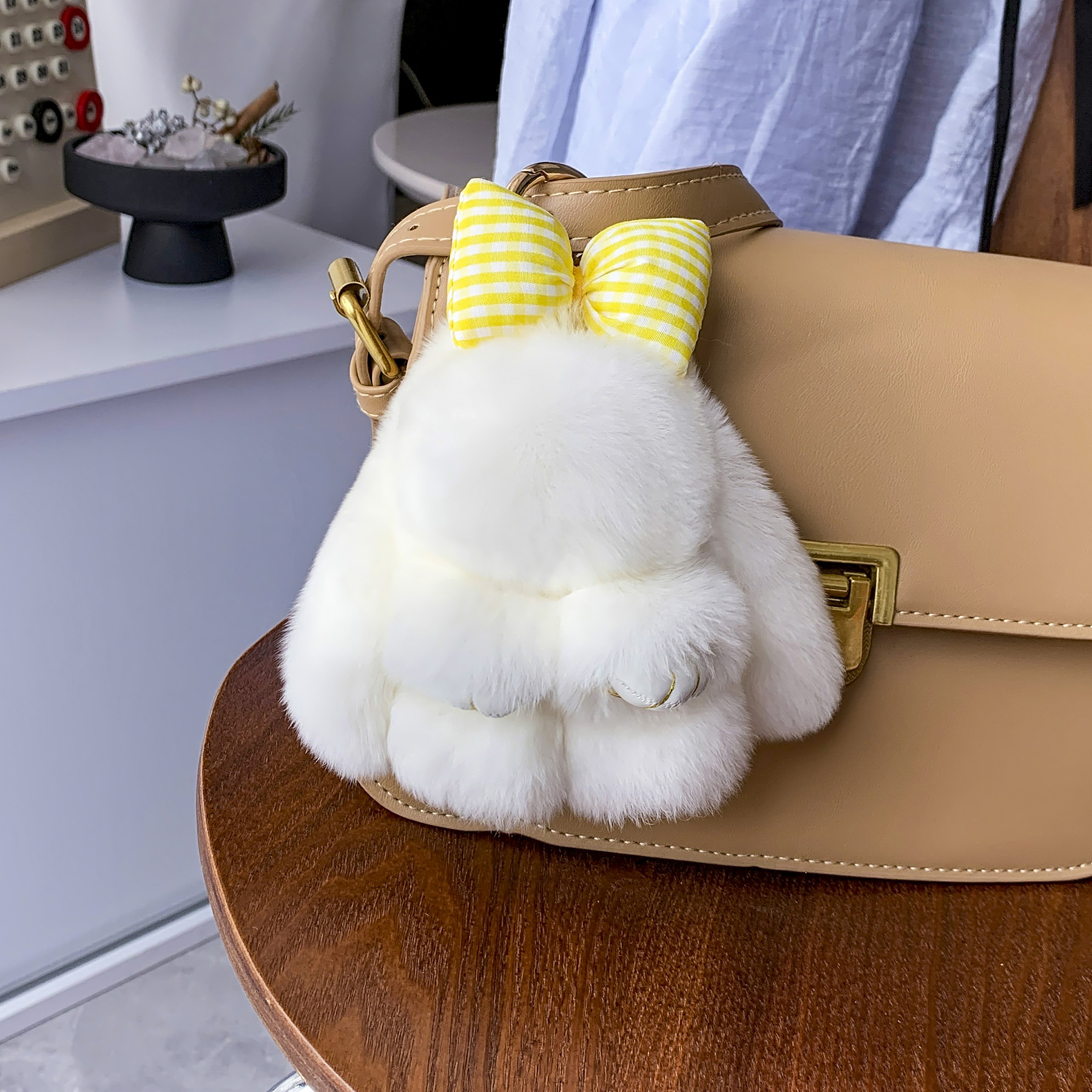 귀여운 진짜 렉스 토끼 모피 작은 토끼 자동차 키 체인 펜던트 인 봉제 공 인형 가방 펜던트