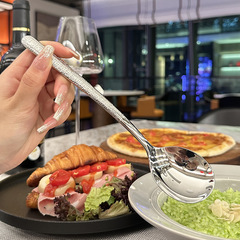 Japanese-style 304 hammered pattern serving spoon household tableware stainless steel soup spoon restaurant coffee spoon long handle round head spoon dessert serving spoon