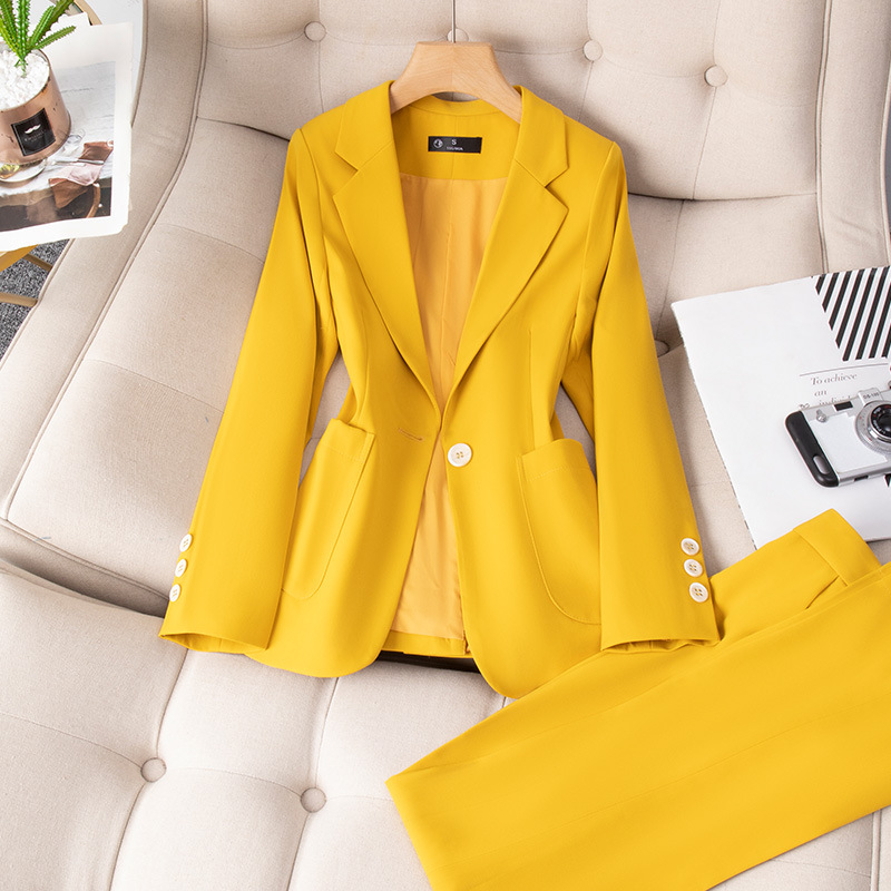黄色西装外套女秋装时尚设计感小西服套装职业装气质美容师工作服