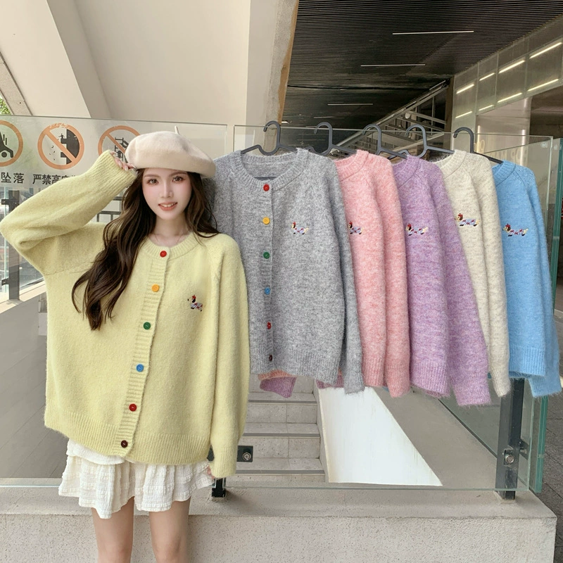 Универсальный свитер-кардиган допамина больших размеров для женщин, весенний дизайн с мультяшной вышивкой, топ-кардиган в милом стиле