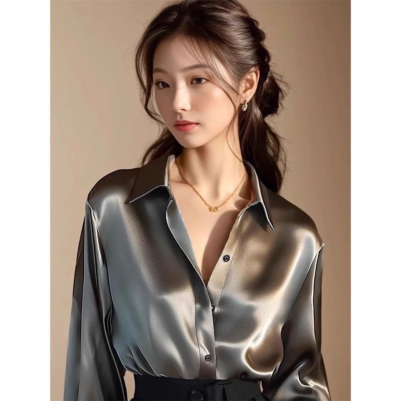高级感气质翻领衬衫女长袖早春新款缎面职业上衣百搭显瘦衬衣|undefined