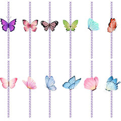Cross-border Spring Decorations: 24-piece Disposable Straws—Spring Butterfly-Themed Party Decoration Straws with Flags