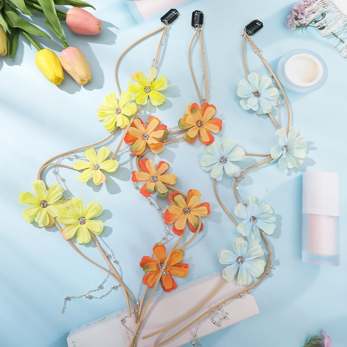 Cross-border European and American hair chain simulation sunflower fake flower hair clip hair chain holiday style dress headdress silk cloth flower hair accessories