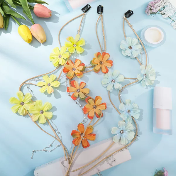 Cross-border European and American hair chain simulation sunflower fake flower hair clip hair chain holiday style dress headdress silk cloth flower hair accessories