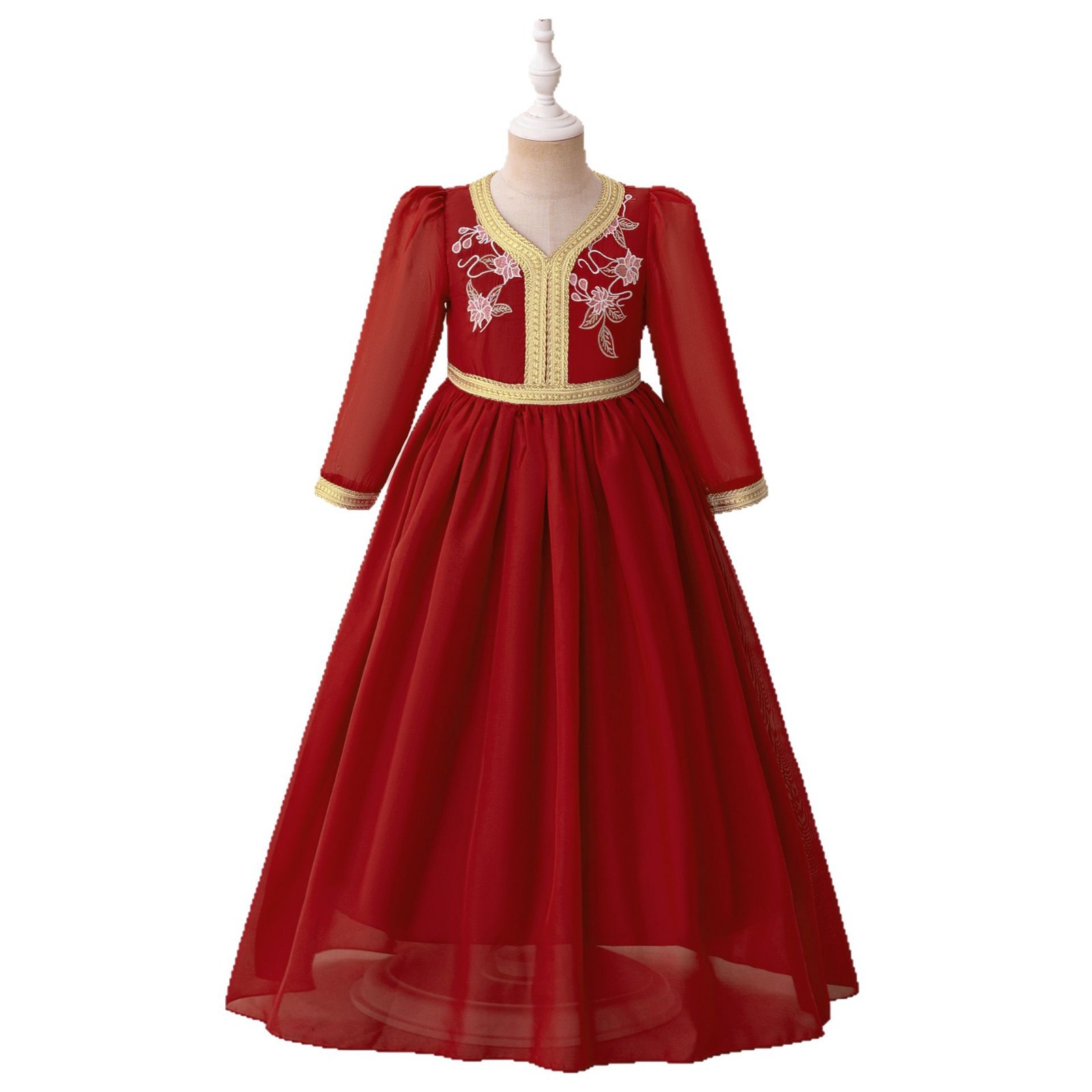 Ropa de niñas vestido de princesa vestido bordado vestido de mangas largas vestido de chiffon vestido de cumpleaños de niñas vestido de niño