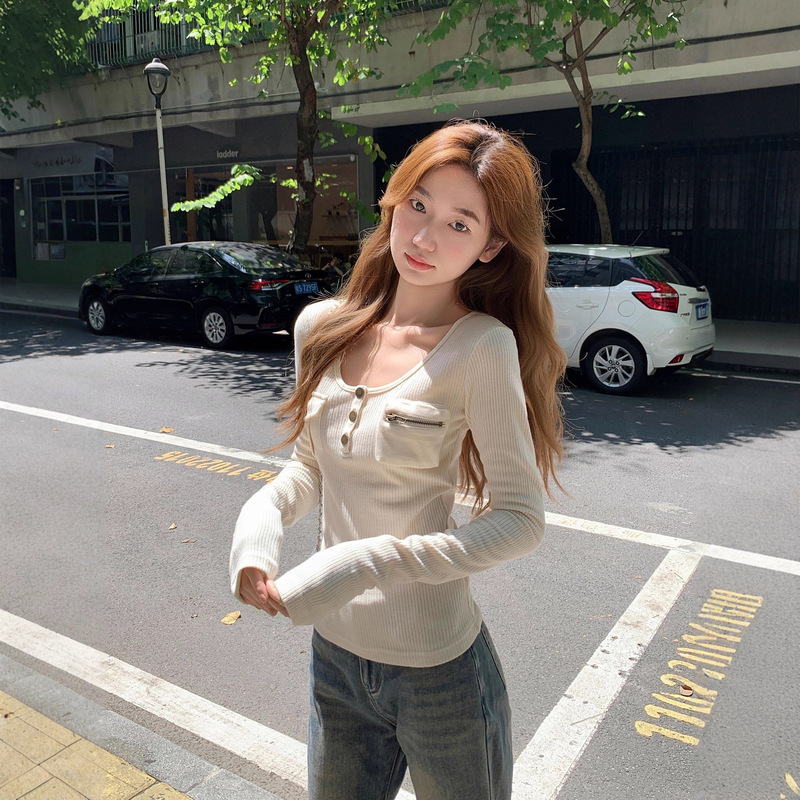 Trendy Retro Patchwork Top Base Shirt for Women Early Autumn New Versatile Pocket Exquisite Slim Fit Long Sleeve T-Shirt