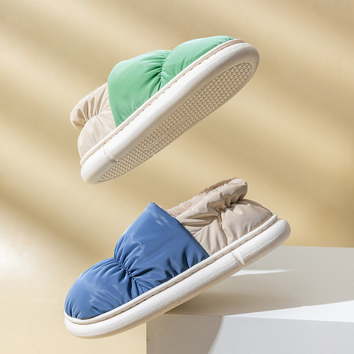 Down cotton slippers all-inclusive winter plus velvet waterproof anti-slip cotton slippers for men to keep warm at home and step on shit snow boots for women