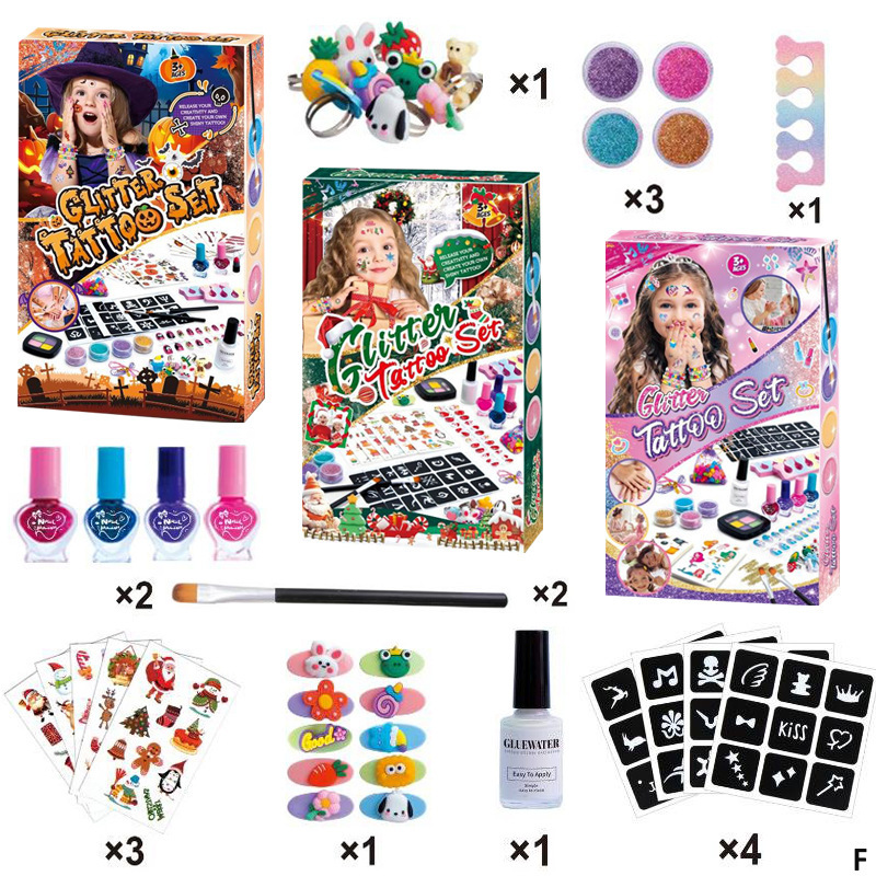 Christmas Halloween Day DIY Children's Girls Tattoo Set Stickers Nail Polish Jewelry Beauty Gifts Cross-Border Batch