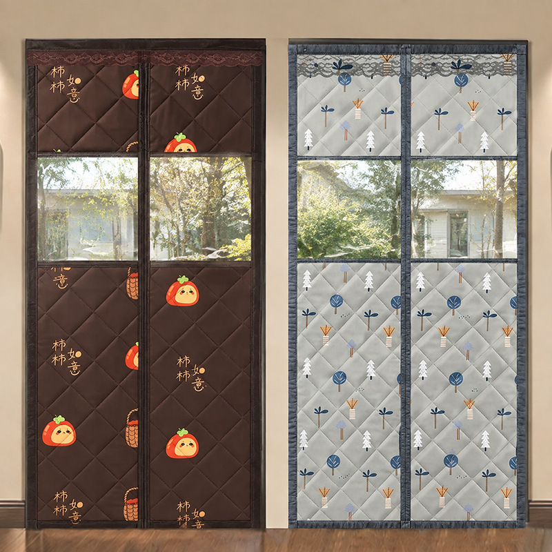 Thickened, windproof, and waterproof magnetic door curtain with a see-through window, featuring encrypted magnetic strips, no-hole installation, and quilted design with Velcro Thickened, windproof, and waterproof magnetic door curtain with a see-through window, featuring encrypted magnetic strips, no-hole installation, and quilted design with Velcro