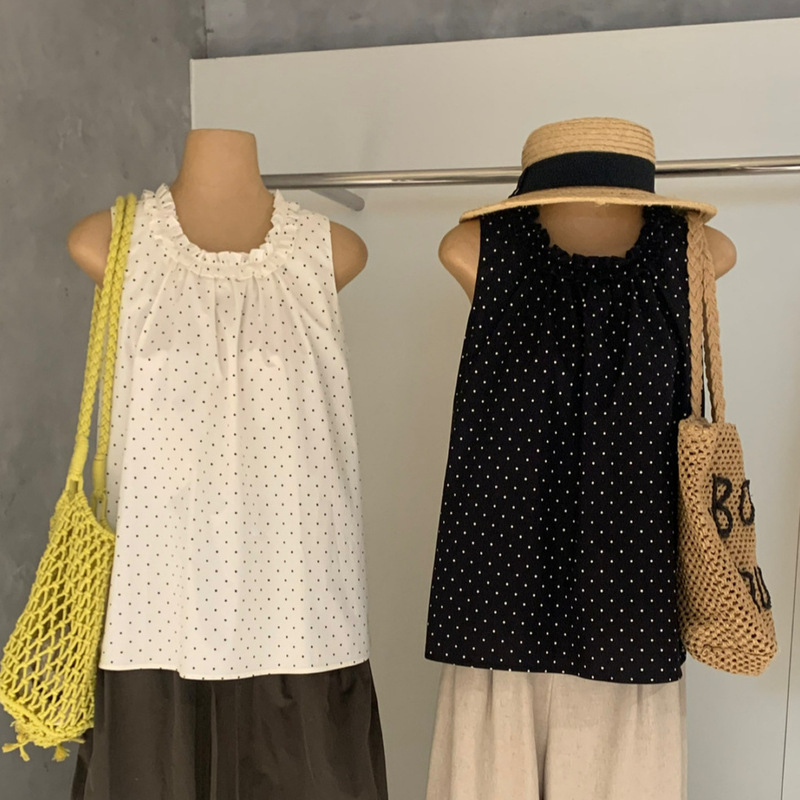 Wgwe8878 Guangzhou Shisanxing Women's Clothing Spring/Summer New Polka Dot Sleeveless Vest Outerwear Loose Lace Collar Top