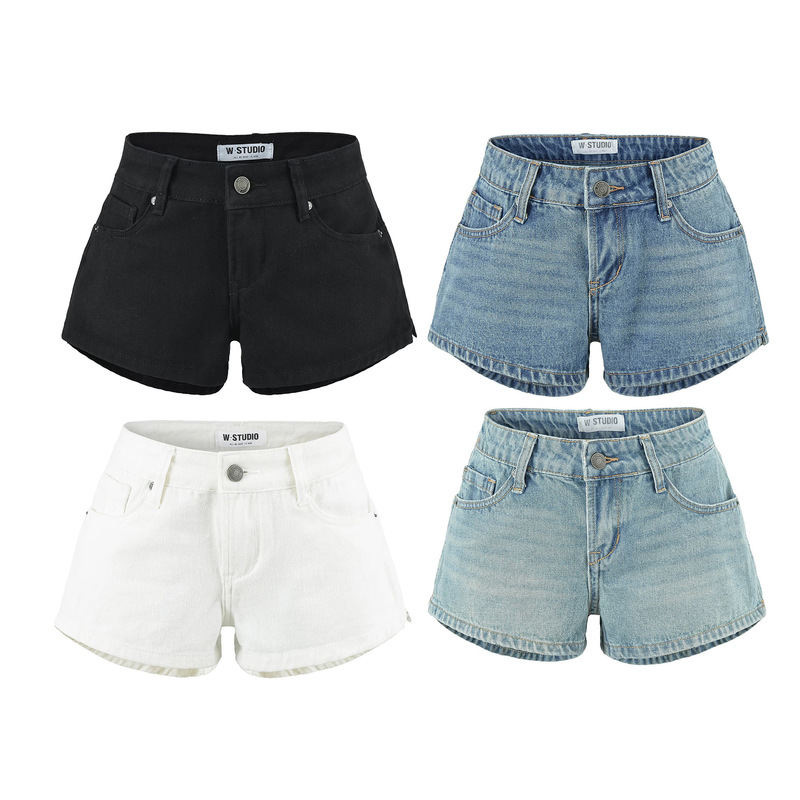 Low-Waist Cotton-Feel Comfortable Classic Hip-Hugging Retro Blue Denim Hot Pants Shorts for Women, Summer Washed Versatile Straight Shorts