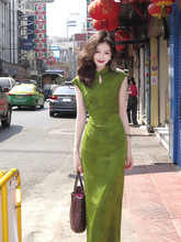 新中式复古印花旗袍连衣裙女夏季国风改良版褶皱显瘦显白短袖长裙