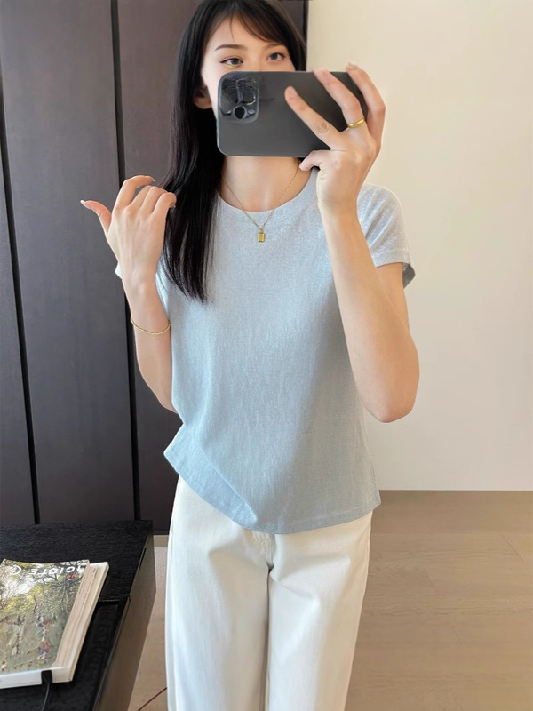 夏用の女性用テクスチャードショルダーソリッドカラーカジュアルラウンドネック半袖Tシャツ、ゆったり、多用途、スリム、通気性、薄い半袖|undefined