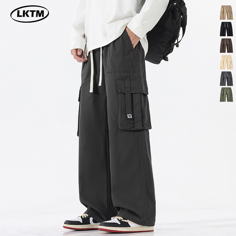 LKTM Men's# Japanese Retro Multi-Pocket Crowd Pants Men's Ins Fashion Brand Drawstring Loose Pure Cotton Casual Long Pants