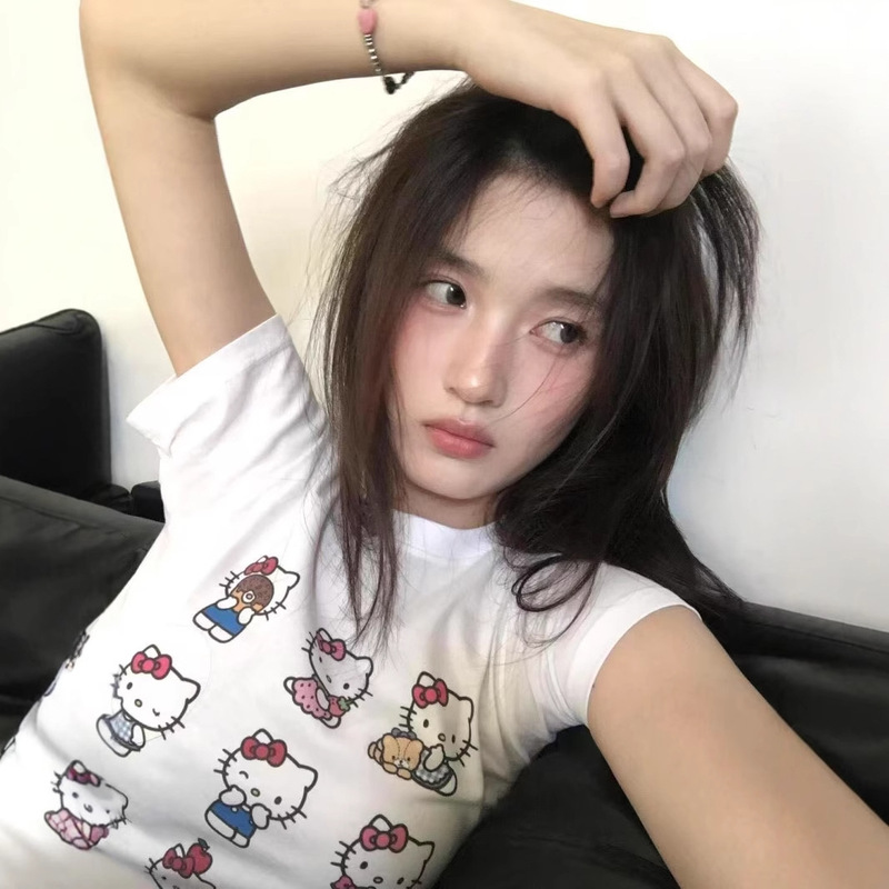 Hellokitty Sweet and Cool American Right Shoulder Short-Sleeved T-Shirt Women's Summer White Slim Short Hello Kitty Top Trendy
