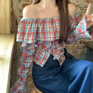 性感风喇叭袖格纹一字肩衬衣修身显瘦衬衫款露肩上衣女春跨境批发