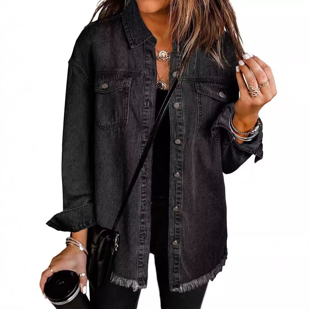Giacca camicia in denim lavato da donna stile urbano casual_voghion.com